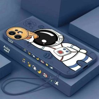 iPhoneケース　宇宙飛行士　ストラップ付き　可愛い ♪ アニメ　ブルー(iPhoneケース)