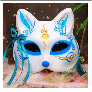 狐 お面 青色 コスプレ 仮面 キツネお面 きつね 鈴 和装 ハロウィン 巫女(小道具)