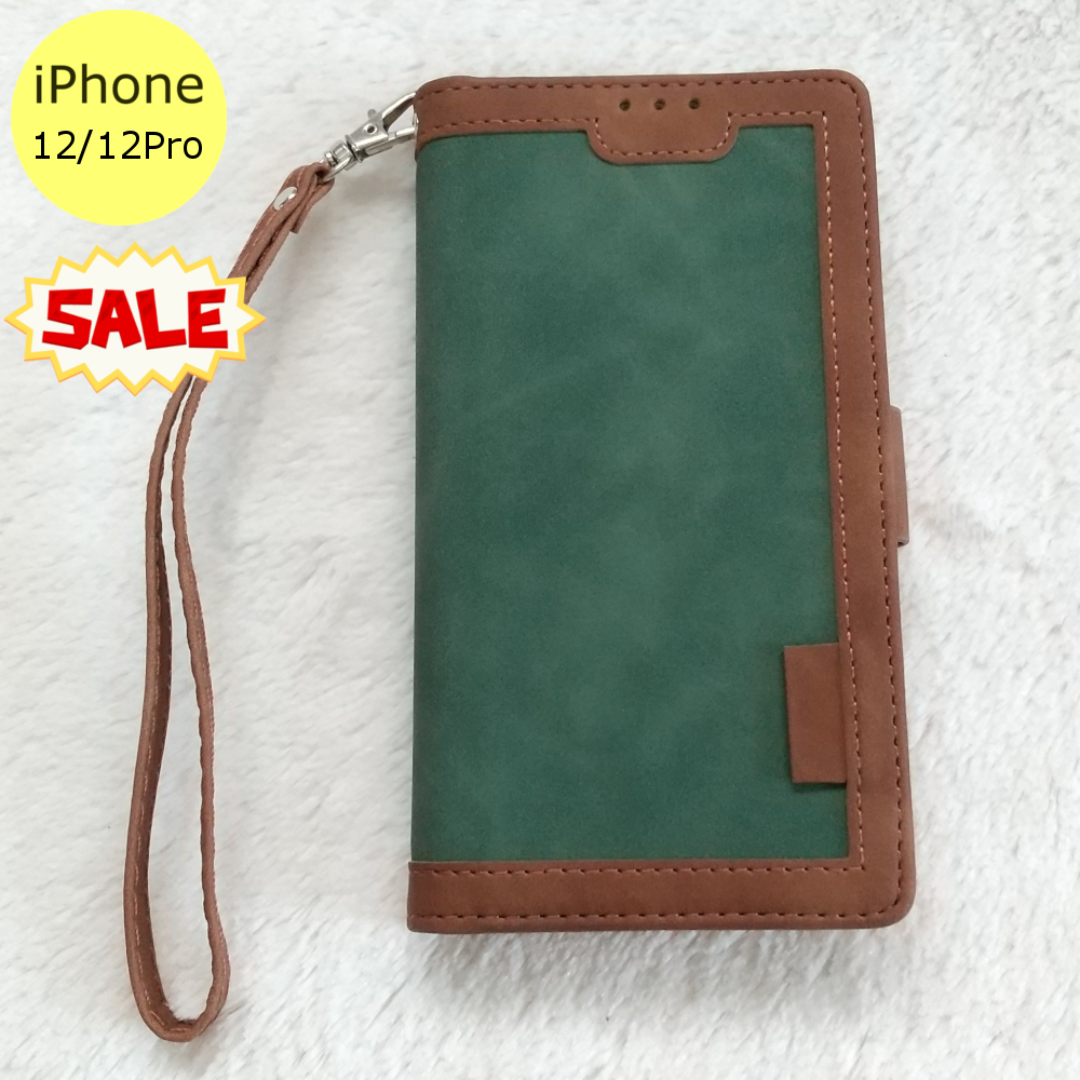 セール中♪ レトロ 手帳型 iPhone12/12Proケース グリーン スマホ/家電/カメラのスマホアクセサリー(iPhoneケース)の商品写真