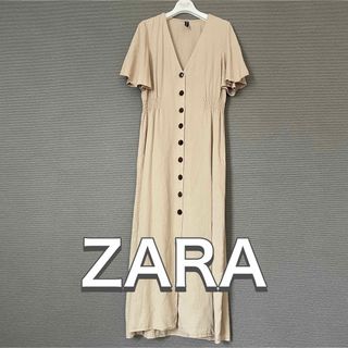 ザラ(ZARA)のZARA ザラ ベージュ Vネック ロングワンピース 半袖 XS フレアスリーブ(ロングワンピース/マキシワンピース)