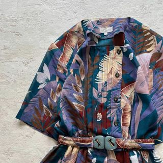 ロキエ(Lochie)のレトロヴィンテージリーフ柄半袖ロングワンピースベルト付き13号総柄カラフルF1(ロングワンピース/マキシワンピース)