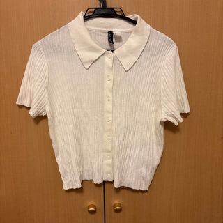 H&M - Ｈ＆Ｍ　リブ編みホワイト半袖シャツ  Ｌ