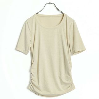 レリアン(leilian)の【美品】レリアン★シャーリング♪半袖カットソー 煌めくラメ入り♪サイズ9号 シャンパンベージュ系 無地 z14379(カットソー(半袖/袖なし))