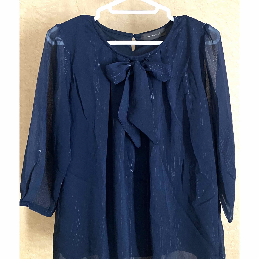 Nouvelle et chic ＊七分袖 ネイビーリボン付きカットソー＊L レディースのトップス(カットソー(長袖/七分))の商品写真