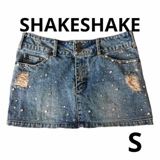 シェイクシェイク(SHAKE SHAKE)のSHAKESHAKE デニム ミニスカート ダメージ加工 ラインストーン  S(ミニスカート)