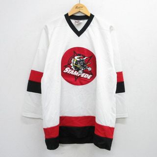 XL★古着 長袖 ビンテージ Tシャツ アイスホッケー ジャージ メンズ 90年代 90s STAMPEDE メッシュ地 大きいサイズ ロング丈 Vネック USA製 白他 ホワイト ユニフォーム ゲームシャツ 25jul19 中古(Tシャツ/カットソー(半袖/袖なし))