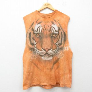 XL★古着 ノースリーブ Tシャツ メンズ トラ コットン クルーネック オレンジ他 タイダイ 25jul19 中古(タンクトップ)