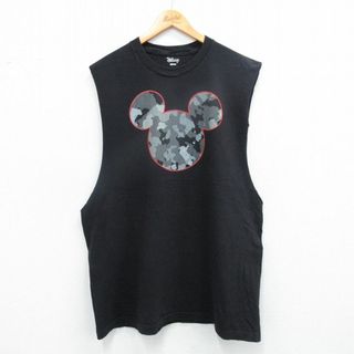 ディズニー(Disney)のXL★古着 ノースリーブ Tシャツ メンズ ディズニー DISNEY ミッキー MICKEY MOUSE 大きいサイズ ロング丈 クルーネック 黒 ブラック 25jul19 中古(タンクトップ)