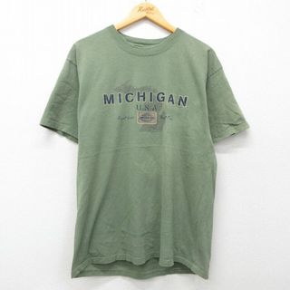 L★古着 半袖 ビンテージ Tシャツ メンズ 00年代 00s ミシガン コットン クルーネック 緑 グリーン 25jul19 中古(Tシャツ/カットソー(半袖/袖なし))