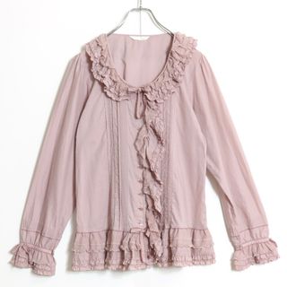 ピンクハウス(PINK HOUSE)の【美品】ピンクハウス★フリルたっぷり♪前開きローンブラウス くすみピンク系 キュートなドット付きレース&リボン♪z14400(シャツ/ブラウス(長袖/七分))
