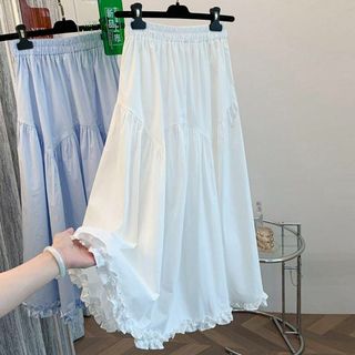 Aライン きれいめコーデ 大きいサイズ 無地 切り替え ロングスカート 着痩せ(ひざ丈スカート)