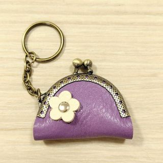 小さい がま口 5cm パープル キーホルダー 革 財布 コインケース レザー