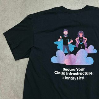 ヴィンテージ(VINTAGE)のクラウドデータを保護するヒーロー　ユニークイラスト　企業　Tシャツ　古着　黒　L(Tシャツ/カットソー(半袖/袖なし))