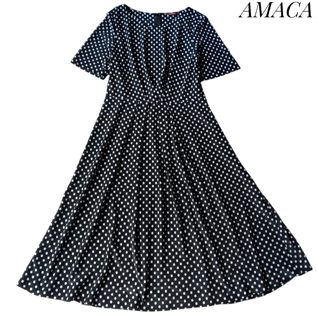 AMACA(アマカ)の【アマカ】ドットジャージーギャザーワンピース 40　ブラック レディースのワンピース(ひざ丈ワンピース)の商品写真