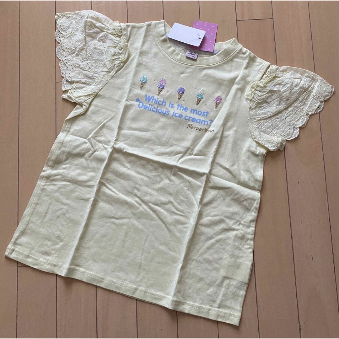 mezzo piano junior(メゾピアノジュニア)のメゾピアノジュニア レース肩開き半袖Tシャツ サイズM キッズ/ベビー/マタニティのキッズ服女の子用(90cm~)(Tシャツ/カットソー)の商品写真