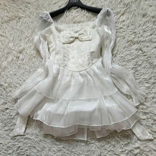 美品　白ロリータ　チュール　パール　リボン　ワンピース　バブルスリーブ
