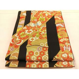 平和屋着物◎六通柄袋帯　唐織　竹扇面花蝶文　黒地　金糸　正絹　逸品　BAAU1347hv(帯)