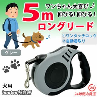 ロングリード ５m　犬用【 グレー 】 自動巻き取りリード　軽い　長い(犬)