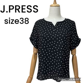 ジェイプレス　キーネック　ドットブラウス　ねじり袖　黒　ブラック