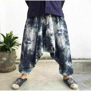 新品 リネン 麻 タイダイ柄 絞り染め エスニック サルエルパンツ 裾ゴム(サルエルパンツ)