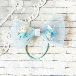 クリアチュールリボン（ねこマーメイド／ライトブルーパールエッジ）ヘアゴム