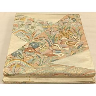 平和屋着物◎太鼓柄袋帯　駒刺繍　鴛鴦花文　銀糸　正絹　逸品　CAAV1713qv(帯)
