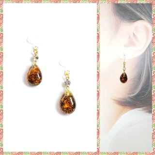 No.1489-E【再販】琉球ガラス♡ブラックラメ☆ピアス・イヤリング(オレンジ
