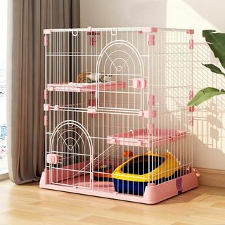 猫ケージ キャットケージ 2段 スリム 大型猫用 組み立て簡単 ピンク(かご/ケージ)