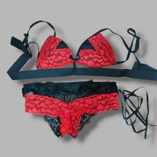 【L】セクシー ハート模様 レース ブラジャー ショーツ セット(ブラ&ショーツセット)
