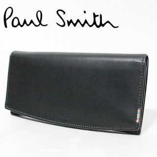 ポールスミス(Paul Smith)の新品 ポールスミス シグネチャーストライプタグ レザー 薄型フラップ長財布 黒(長財布)