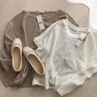 GU - GU メッシュ　トップス　サマーニット　モカ　ブラウン　ジーユー　あみあみ