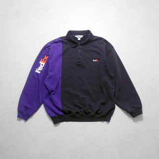 【FedEX】フェデックス　アメリカ運送会社　企業ロゴ　袖プリント　ツートンカラーL/S ポロシャツブラック／パープル