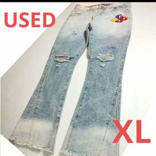 USED★レディースパンツ・デニム・フレア・ロング・ダメージ・クラッシュ・XL(デニム/ジーンズ)