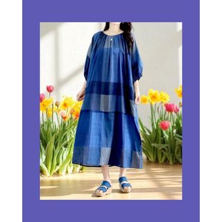 ♥新品未使用！ブルー系綿１００％チェック柄ロング丈ワンピース(ロングワンピース/マキシワンピース)