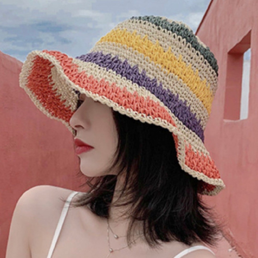 レインボー バケットハット 韓国風 カラフル帽子 春夏 UV対策 麦わら つば広 レディースの帽子(ハット)の商品写真