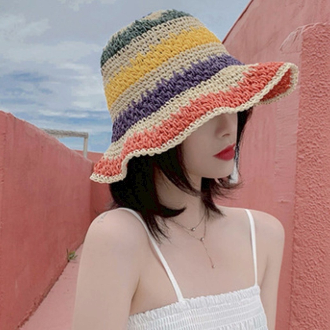 レインボー バケットハット 韓国風 カラフル帽子 春夏 UV対策 麦わら つば広 レディースの帽子(ハット)の商品写真