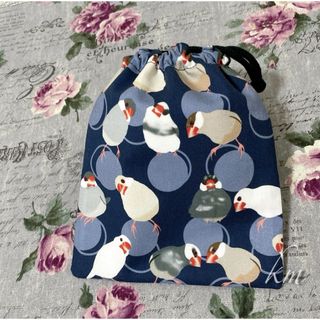 文鳥さん巾着　仲良しドット　NV　ハンドメイド(ポーチ)