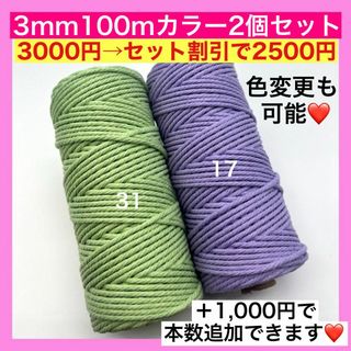 【割引き】マクラメ カラー ロープ 3mm 2個 編み 糸 紐 R タペストリー