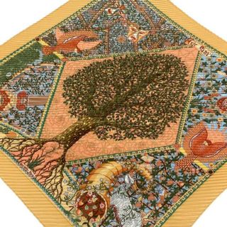 エルメス(HERMES)のHERMES(エルメス) スカーフ カレ90 オレンジ×ライトブルー×マルチ AXIS MUNDI/世界の中心軸/プリーツ(バンダナ/スカーフ)