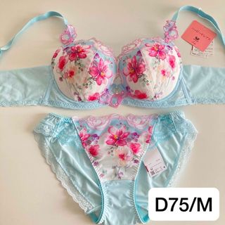 ワコール(Wacoal)のワコール　ルジェ　D75/M　SX　水色　脇高ブラ　ノーマルショーツ　花柄　清楚(ブラ&ショーツセット)