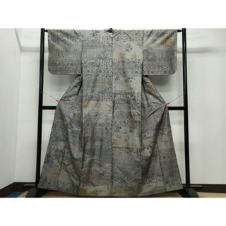 平和屋着物●訪問着　小千谷紬　遠山風景草花文　正絹　逸品　CAAU9857vf(着物)