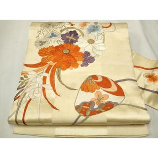 平和屋着物●アンティーク　大正ロマン　九寸名古屋帯　総刺繍　鏡裏花文　金銀糸　正絹　逸品　CAAU9511hy(帯)