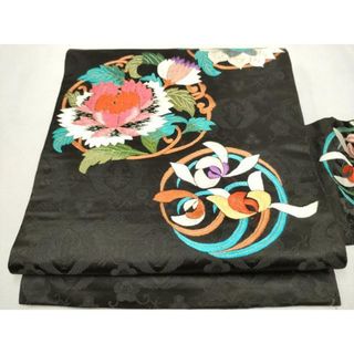 平和屋着物●アンティーク　大正ロマン　九寸名古屋帯　総刺繍　駒刺繍　草花丸文　黒地　金銀糸　正絹　逸品　CAAU9514hy(帯)