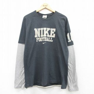 ナイキ(NIKE)のL★古着 ナイキ NIKE 長袖 ビンテージ Tシャツ メンズ 00年代 00s ビッグロゴ フロッキープリント ラグラン クルーネック 濃グレー他 25jul22 中古(Tシャツ/カットソー(半袖/袖なし))