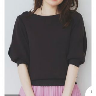インデックス(INDEX)のindex 黒　M ドライタッチ デザインスリーブニット　半袖ニット(ニット/セーター)