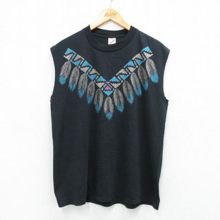 XL★古着 ジャージーズ ノースリーブ ビンテージ Tシャツ メンズ 90年代 90s 羽 クルーネック USA製 黒 ブラック 25jul22 中古(タンクトップ)