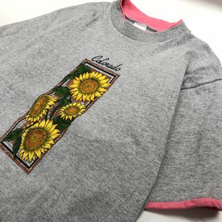 エスマイル(S.MILE)のSMILE ヒマワリ 花柄 半袖Tシャツ USA製 グレー メンズL(Tシャツ/カットソー(半袖/袖なし))