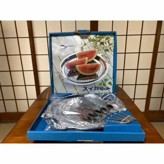昭和レトロ　ステンレストレイ　フルーツ皿　大皿　スプーン付き　スイカセット(食器)