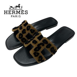 エルメス(HERMES)のエルメス HERMES オラン サンダル 靴 シューズ シェーヴル ブラウン ブラック レオパード(サンダル)