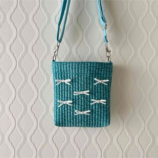 ミニポシェット♥ヌビ生地♥ベルベットリボン♥ブルー×ホワイト♥(ショルダー別売)